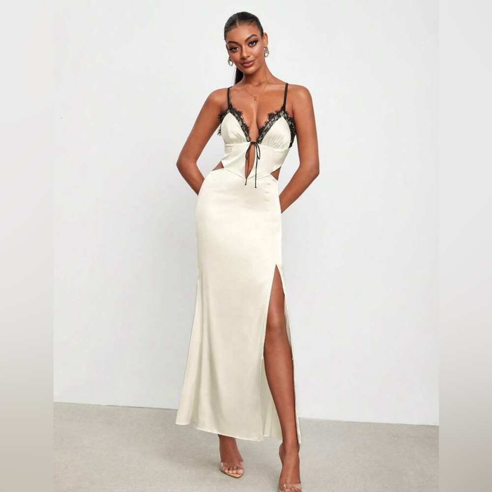 Shein Cream Satin Dress with Black Lace Detail